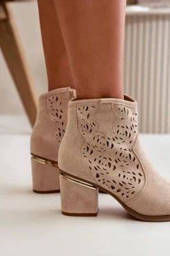 Clearance Boto Ażurowe Botki Kowbojki Na Słupku Zapinane Na Zamek Beżowe Vosilara
