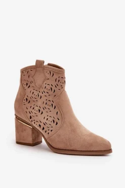 Clearance Ażurowe Botki Kowbojki Na Słupku Zapinane Na Zamek Brązowe Vosilara Damskie Botki Na Słupku|Botki Ażurowe