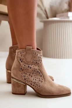 Clearance Ażurowe Botki Kowbojki Na Słupku Zapinane Na Zamek Brązowe Vosilara Damskie Botki Na Słupku|Botki Ażurowe