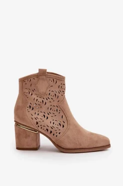 Clearance Ażurowe Botki Kowbojki Na Słupku Zapinane Na Zamek Brązowe Vosilara Damskie Botki Na Słupku|Botki Ażurowe