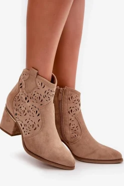 Clearance Ażurowe Botki Kowbojki Na Słupku Zapinane Na Zamek Brązowe Vosilara Damskie Botki Na Słupku|Botki Ażurowe