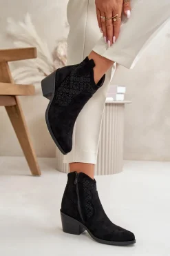 Botki Skórzane|Botki Na Słupku>Damskie buty S.Barski Ażurowe Botki Kowbojki Na Zamek Eko Zamszowe Czarne S.Barski HY42-944 Czarny