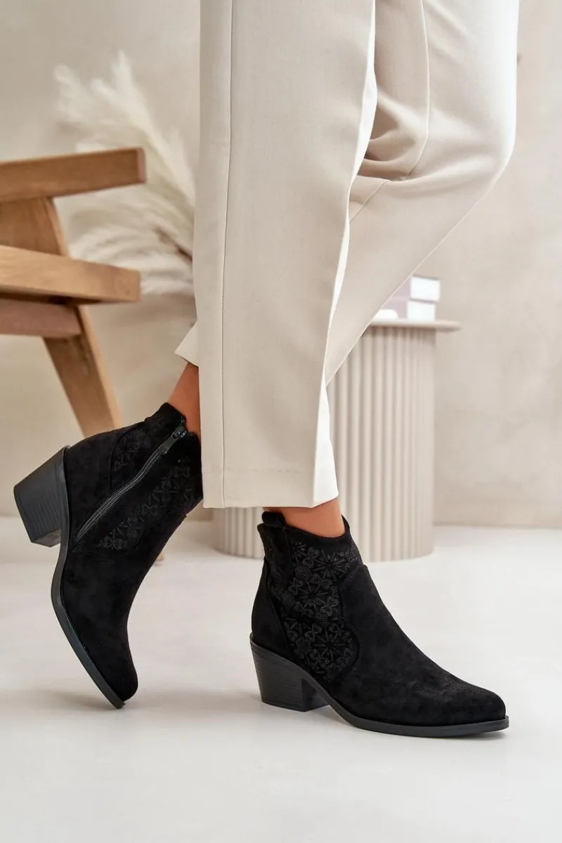 Botki Skórzane|Botki Na Słupku>Damskie buty S.Barski Ażurowe Botki Kowbojki Na Zamek Eko Zamszowe Czarne S.Barski HY42-944 Czarny