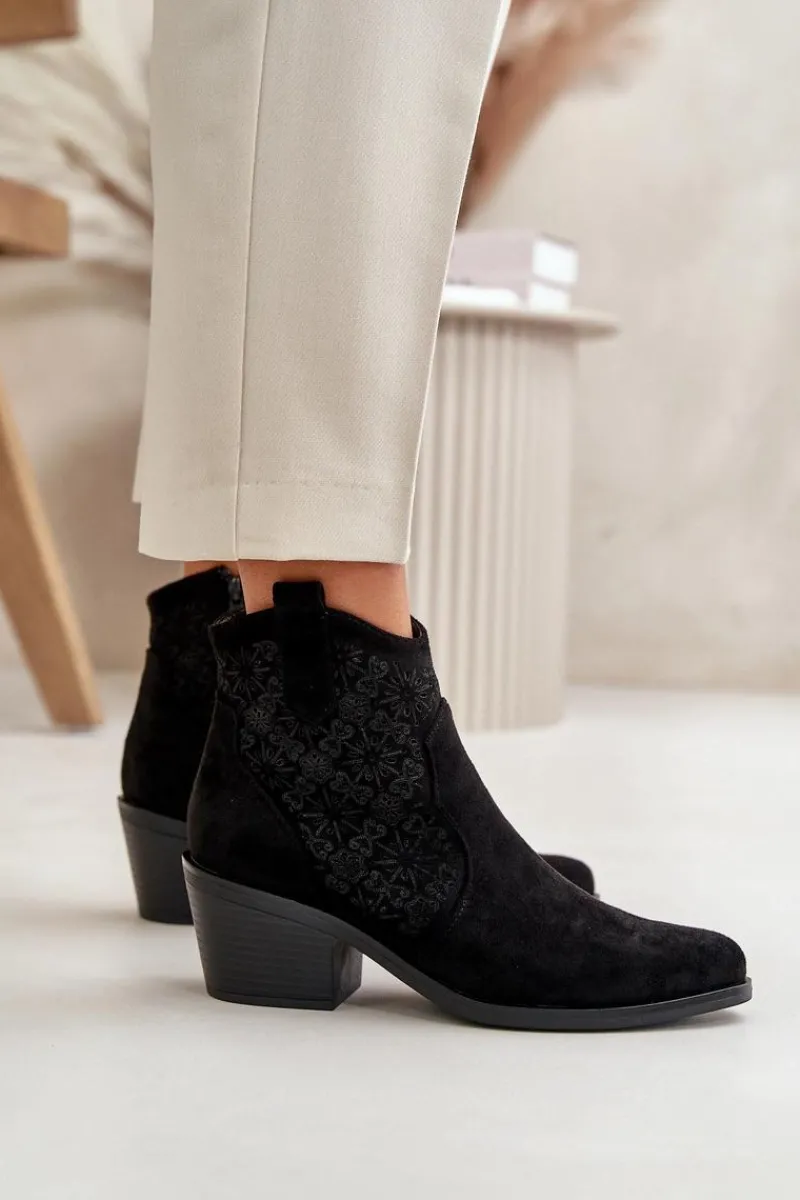 Botki Skórzane|Botki Na Słupku>Damskie buty S.Barski Ażurowe Botki Kowbojki Na Zamek Eko Zamszowe Czarne S.Barski HY42-944 Czarny