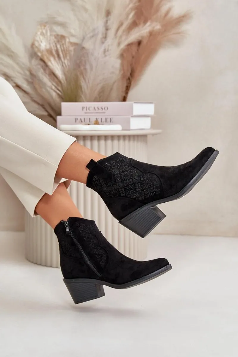 Botki Skórzane|Botki Na Słupku>Damskie buty S.Barski Ażurowe Botki Kowbojki Na Zamek Eko Zamszowe Czarne S.Barski HY42-944 Czarny