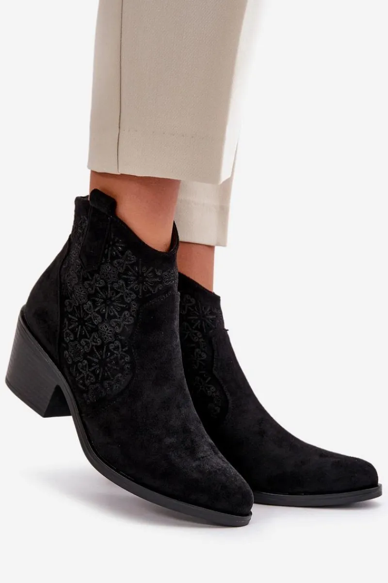 Botki Skórzane|Botki Na Słupku>Damskie buty S.Barski Ażurowe Botki Kowbojki Na Zamek Eko Zamszowe Czarne S.Barski HY42-944 Czarny