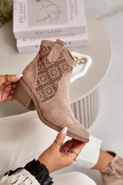 Best Ażurowe Botki Kowbojki Na Zamek Eko Zamszowe Beżowe S.Barski HY42-944 Damskie Botki Skórzane|Botki Na Słupku