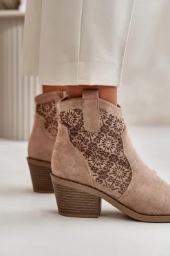 Best Ażurowe Botki Kowbojki Na Zamek Eko Zamszowe Beżowe S.Barski HY42-944 Damskie Botki Skórzane|Botki Na Słupku