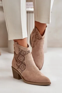 Best Ażurowe Botki Kowbojki Na Zamek Eko Zamszowe Beżowe S.Barski HY42-944 Damskie Botki Skórzane|Botki Na Słupku