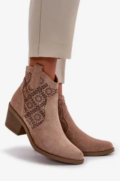 Best Ażurowe Botki Kowbojki Na Zamek Eko Zamszowe Beżowe S.Barski HY42-944 Damskie Botki Skórzane|Botki Na Słupku