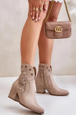Sale Boto Ażurowe Botki Kowbojki Skórzane Na Słupku Lewski 3613 Beżowe