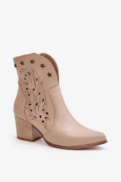 Sale Boto Ażurowe Botki Kowbojki Skórzane Na Słupku Lewski 3613 Beżowe