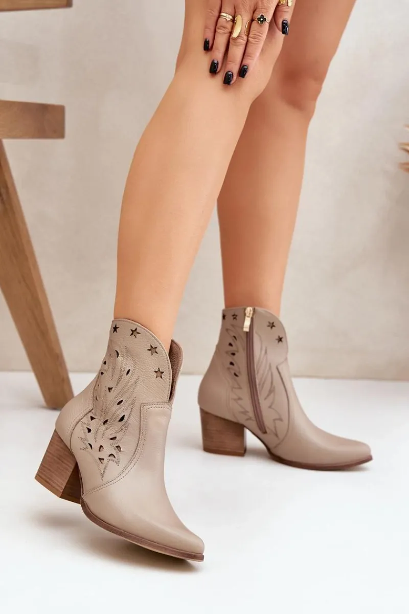 Botki Ażurowe|Brązowe I Beżowe Botki>Boto Ażurowe Botki Kowbojki Skórzane Na Słupku Lewski 3613 Ciemnobeżowe