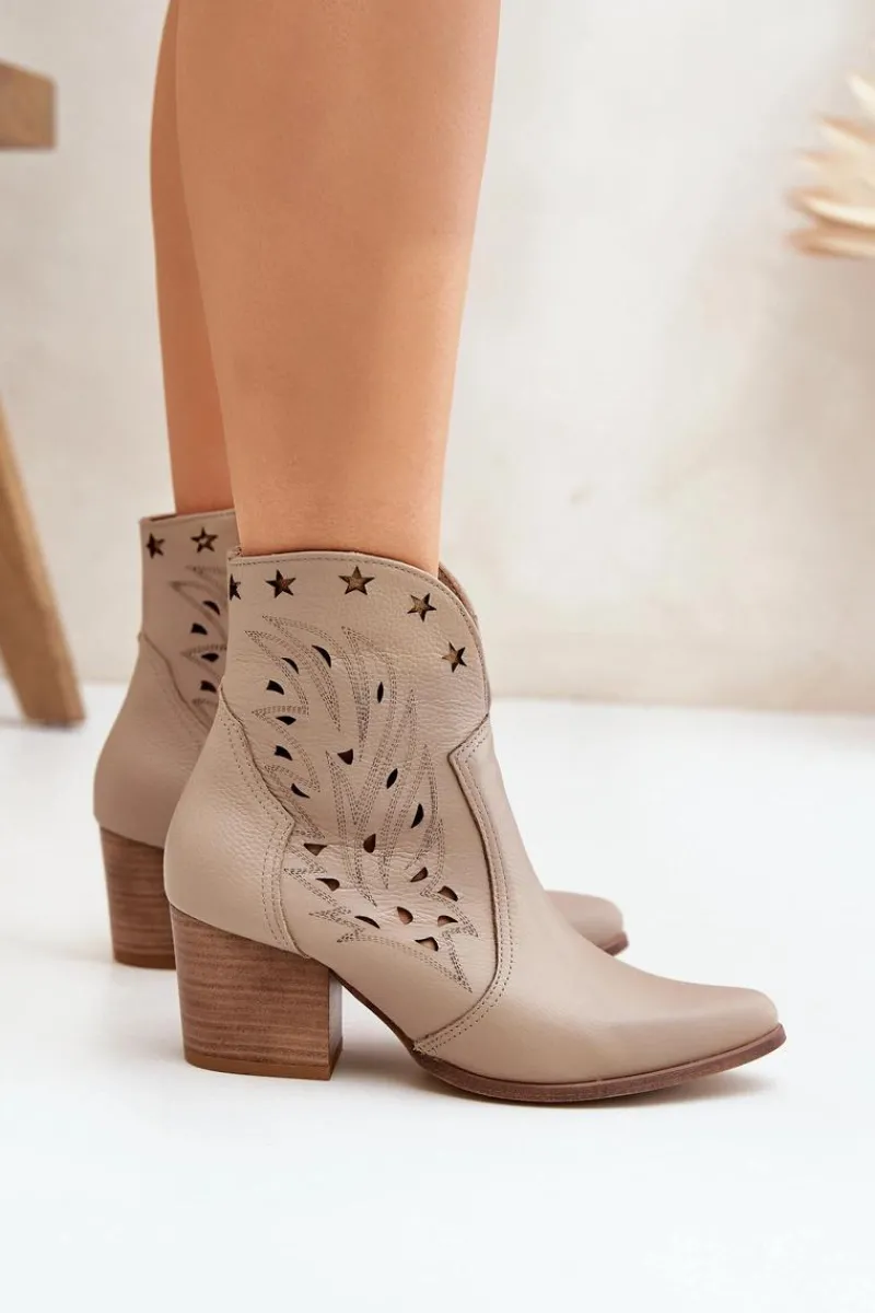 Botki Ażurowe|Brązowe I Beżowe Botki>Boto Ażurowe Botki Kowbojki Skórzane Na Słupku Lewski 3613 Ciemnobeżowe