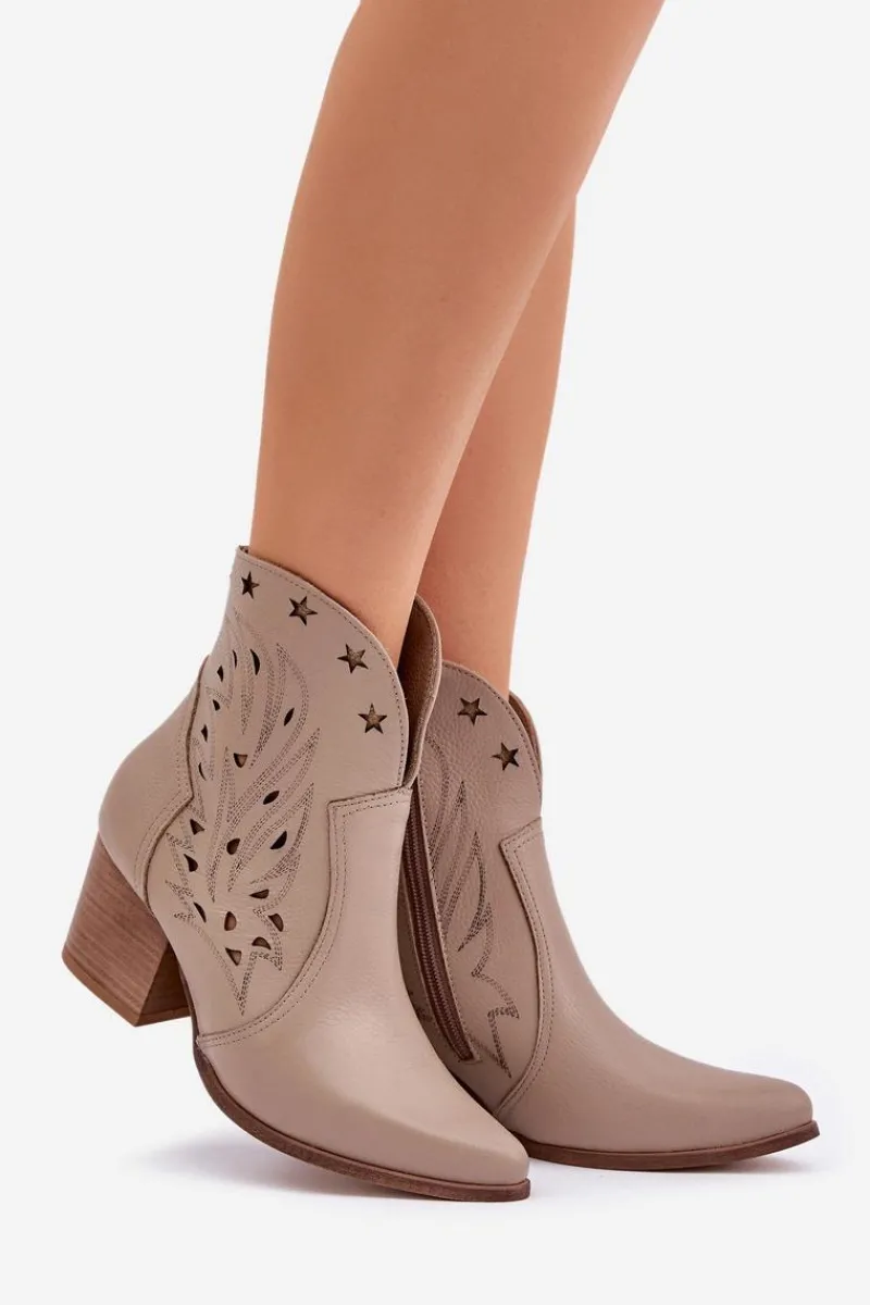 Botki Ażurowe|Brązowe I Beżowe Botki>Boto Ażurowe Botki Kowbojki Skórzane Na Słupku Lewski 3613 Ciemnobeżowe