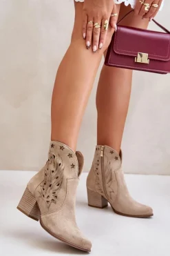 Botki Ażurowe|Brązowe I Beżowe Botki>Boto Ażurowe Botki Kowbojki Zamszowe Na Słupku Lewski 3613 Beżowe