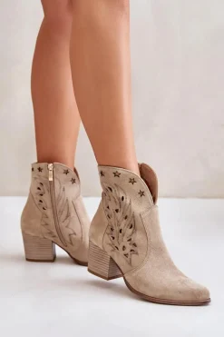 Botki Ażurowe|Brązowe I Beżowe Botki>Boto Ażurowe Botki Kowbojki Zamszowe Na Słupku Lewski 3613 Beżowe