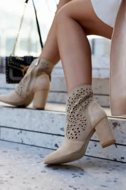 Outlet Ażurowe Botki Lewski Shoes 3166 Beżowe Damskie Botki Wiosenne|Botki Na Słupku