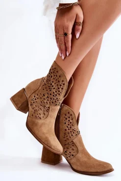 Best Ażurowe Botki Lewski Shoes 3166 Beżowe Damskie Botki Wiosenne|Botki Na Słupku