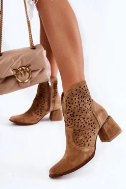 Best Ażurowe Botki Lewski Shoes 3166 Beżowe Damskie Botki Wiosenne|Botki Na Słupku