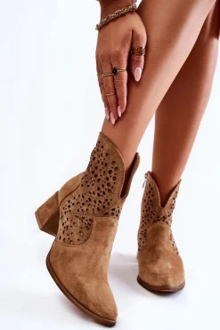 Best Ażurowe Botki Lewski Shoes 3166 Beżowe Damskie Botki Wiosenne|Botki Na Słupku