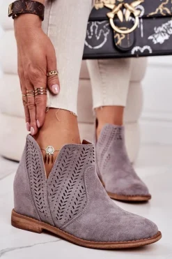 Clearance Ażurowe Botki Na Koturnie Szare Melanie Damskie Botki Wiosenne|Botki Na Koturnie