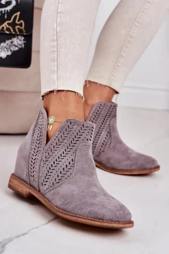 Clearance Ażurowe Botki Na Koturnie Szare Melanie Damskie Botki Wiosenne|Botki Na Koturnie