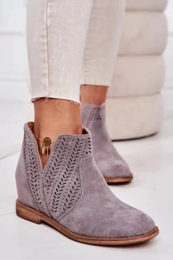 Clearance Ażurowe Botki Na Koturnie Szare Melanie Damskie Botki Wiosenne|Botki Na Koturnie