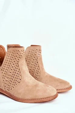 Outlet Damskie buty S.Barski Ażurowe Botki Na Koturnie S.Barski Beżowe