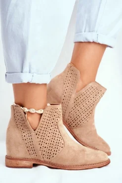 Outlet Damskie buty S.Barski Ażurowe Botki Na Koturnie S.Barski Beżowe