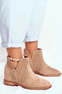 Outlet Damskie buty S.Barski Ażurowe Botki Na Koturnie S.Barski Beżowe