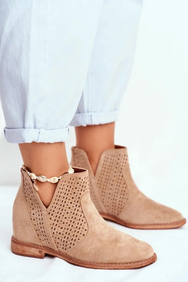 Outlet Damskie buty S.Barski Ażurowe Botki Na Koturnie S.Barski Beżowe