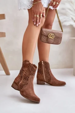 Ażurowe Botki Na Płaskim Obcasie Zamszowe Lewski 3305/2 Brązowe Damskie Botki Na Słupku|Botki Ażurowe