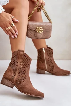 Ażurowe Botki Na Płaskim Obcasie Zamszowe Lewski 3305/2 Brązowe Damskie Botki Na Słupku|Botki Ażurowe