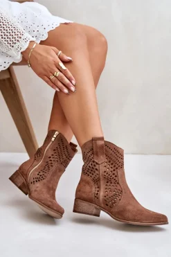 Ażurowe Botki Na Płaskim Obcasie Zamszowe Lewski 3305/2 Brązowe Damskie Botki Na Słupku|Botki Ażurowe