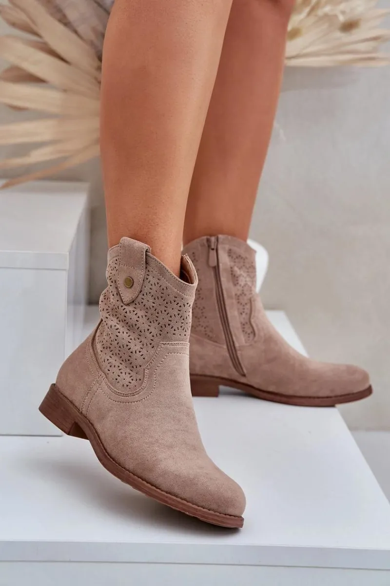 Sale Ażurowe Botki Na Płaskim Obcasie S.Barski HY51-063 Beżowe Damskie Botki Ażurowe|Botki Płaskie