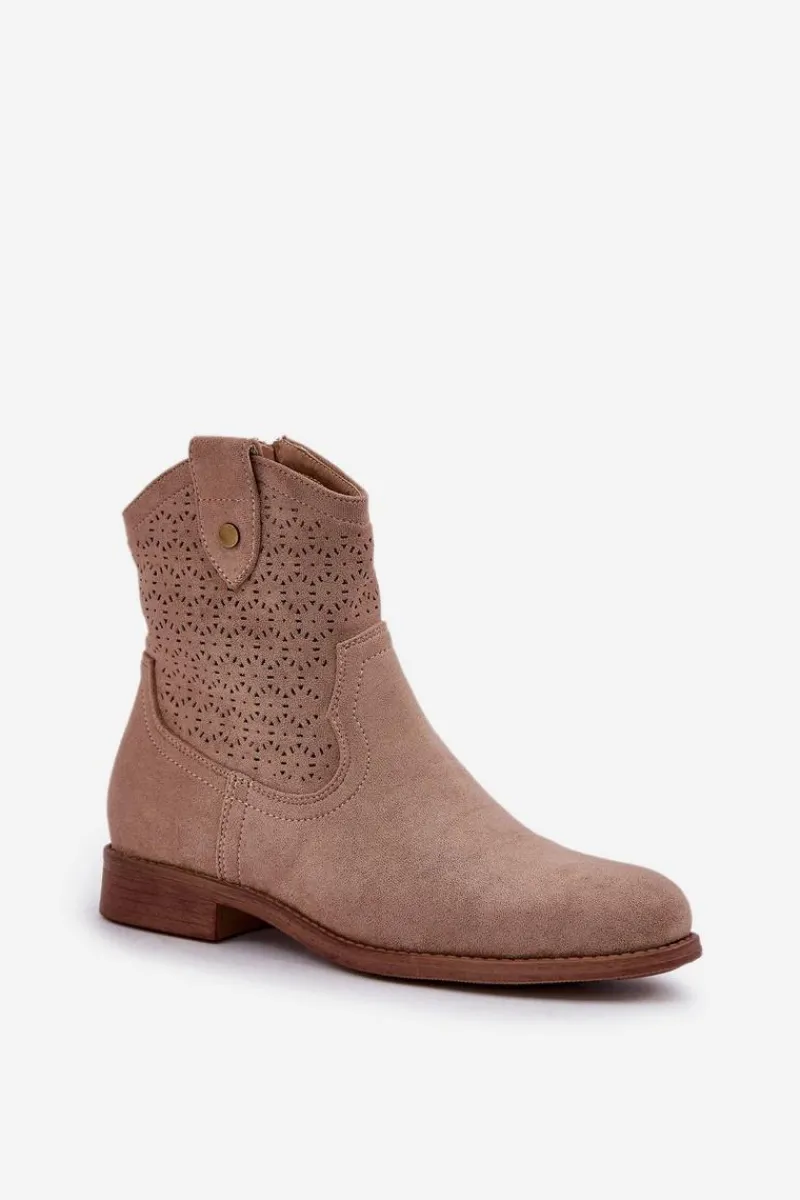Sale Ażurowe Botki Na Płaskim Obcasie S.Barski HY51-063 Beżowe Damskie Botki Ażurowe|Botki Płaskie