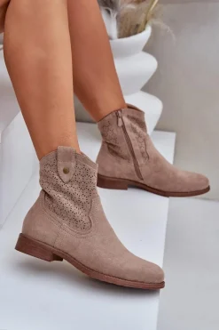 Sale Ażurowe Botki Na Płaskim Obcasie S.Barski HY51-063 Beżowe Damskie Botki Ażurowe|Botki Płaskie