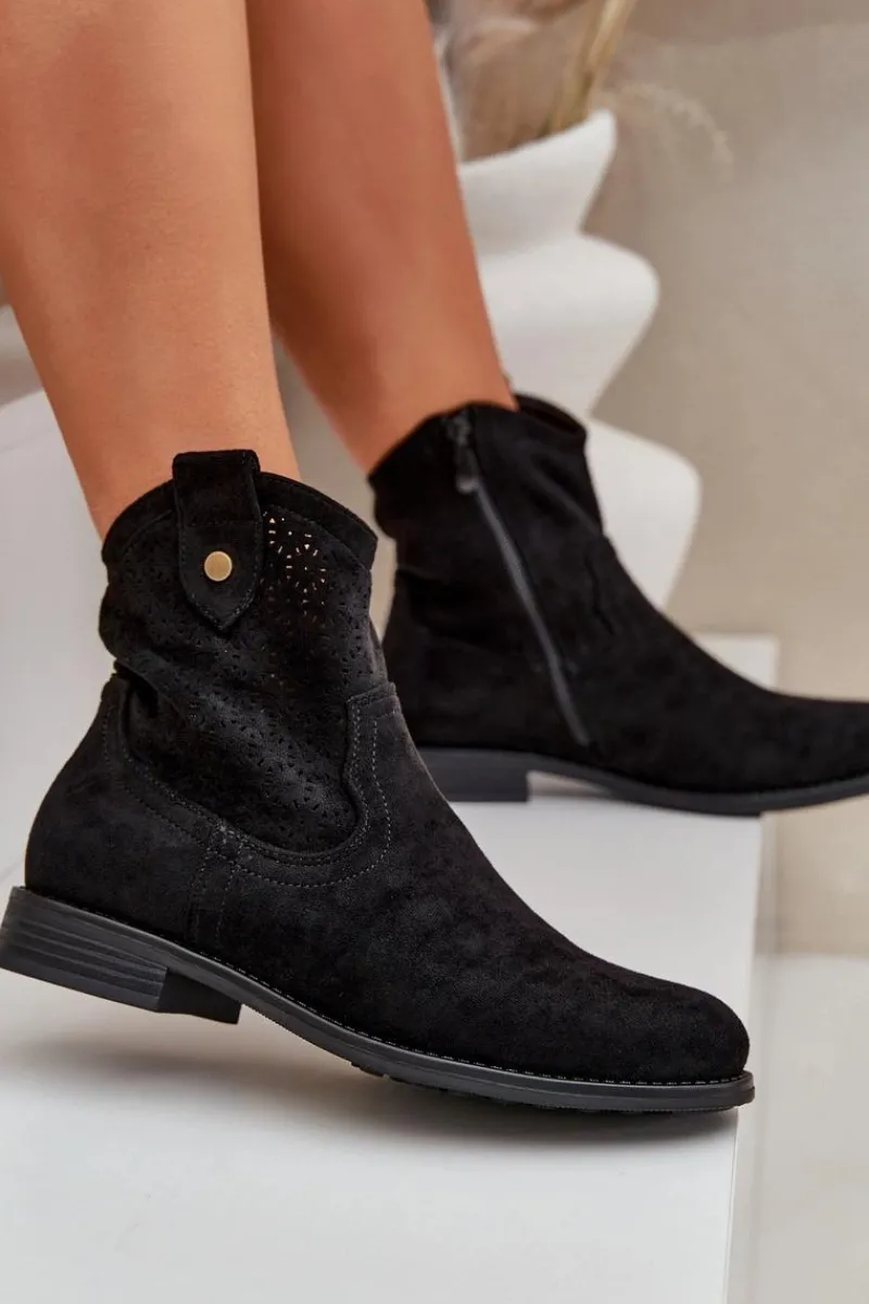 Clearance Ażurowe Botki Na Płaskim Obcasie S.Barski HY51-063 Czarne Damskie Botki Ażurowe|Botki Płaskie