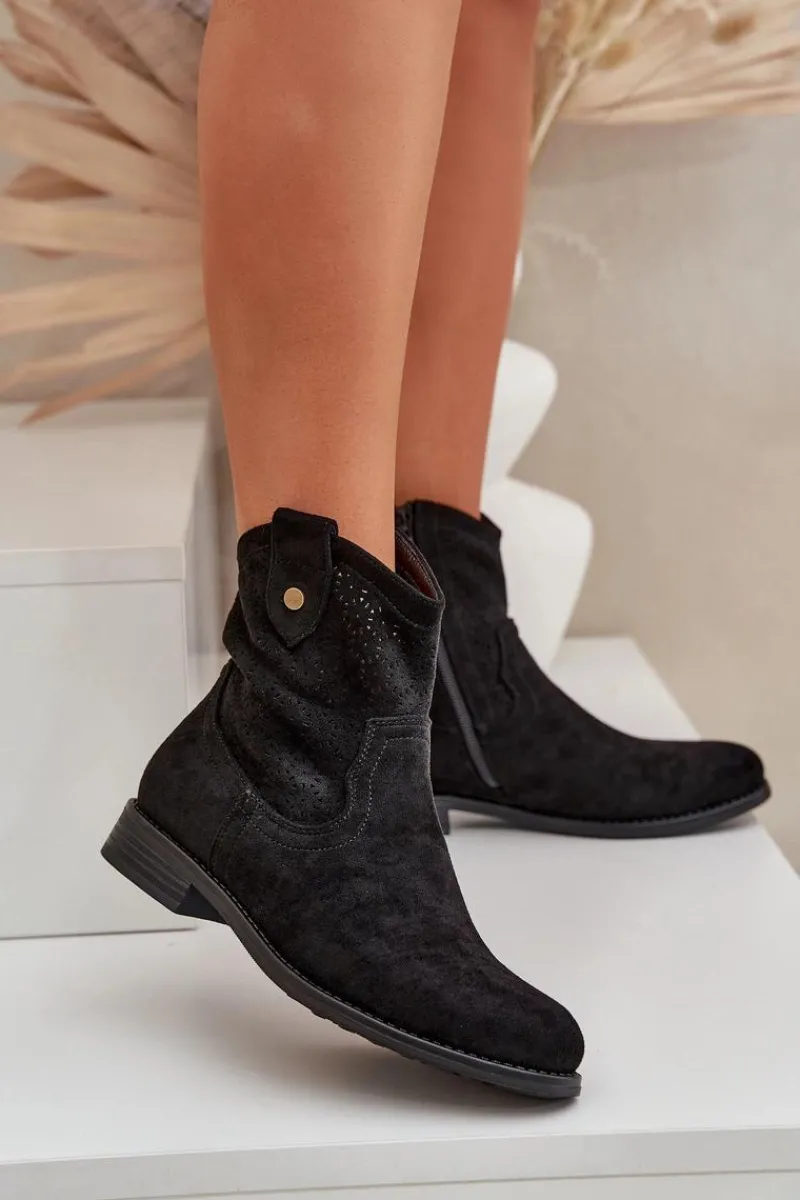 Clearance Ażurowe Botki Na Płaskim Obcasie S.Barski HY51-063 Czarne Damskie Botki Ażurowe|Botki Płaskie