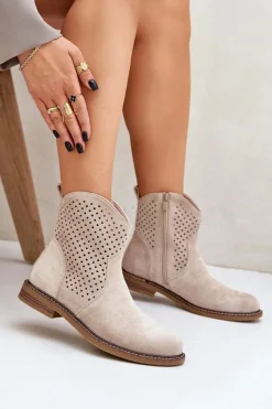 Discount Boto Ażurowe Botki Na Płaskim Obcasie Jasnobeżowe Zinollia