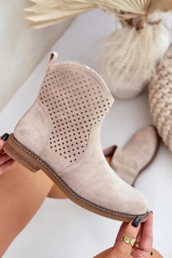 Discount Boto Ażurowe Botki Na Płaskim Obcasie Jasnobeżowe Zinollia