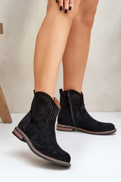 Online Ażurowe Botki Na Płaskim Obcasie Czarne Zinollia Damskie Botki Ażurowe|Botki Płaskie