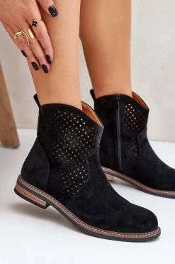 Online Ażurowe Botki Na Płaskim Obcasie Czarne Zinollia Damskie Botki Ażurowe|Botki Płaskie