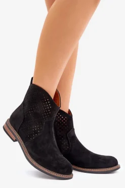 Online Ażurowe Botki Na Płaskim Obcasie Czarne Zinollia Damskie Botki Ażurowe|Botki Płaskie