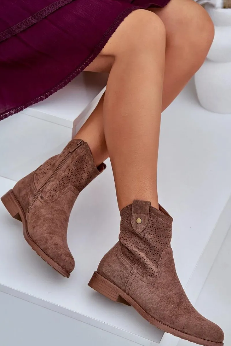 Online Damskie buty S.Barski Ażurowe Botki Na Płaskim Obcasie S.Barski HY51-063 Brązowe