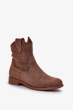 Online Damskie buty S.Barski Ażurowe Botki Na Płaskim Obcasie S.Barski HY51-063 Brązowe