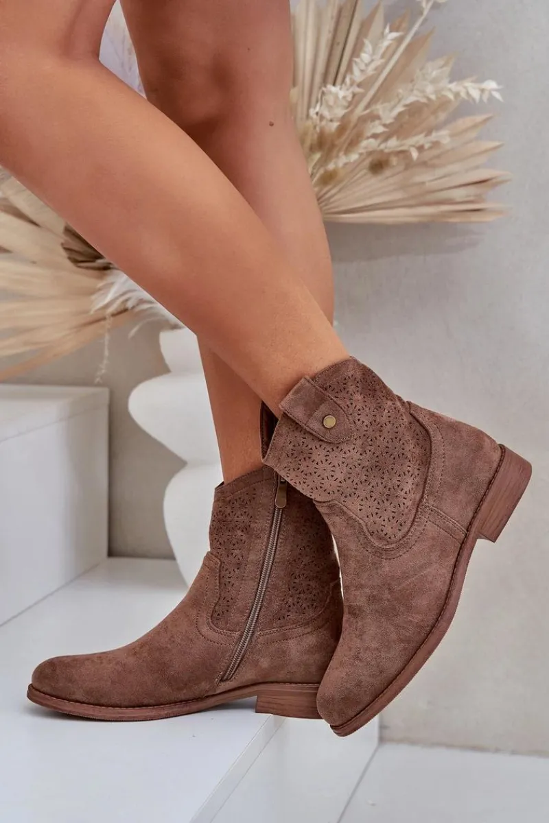 Online Damskie buty S.Barski Ażurowe Botki Na Płaskim Obcasie S.Barski HY51-063 Brązowe