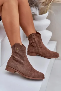 Online Damskie buty S.Barski Ażurowe Botki Na Płaskim Obcasie S.Barski HY51-063 Brązowe