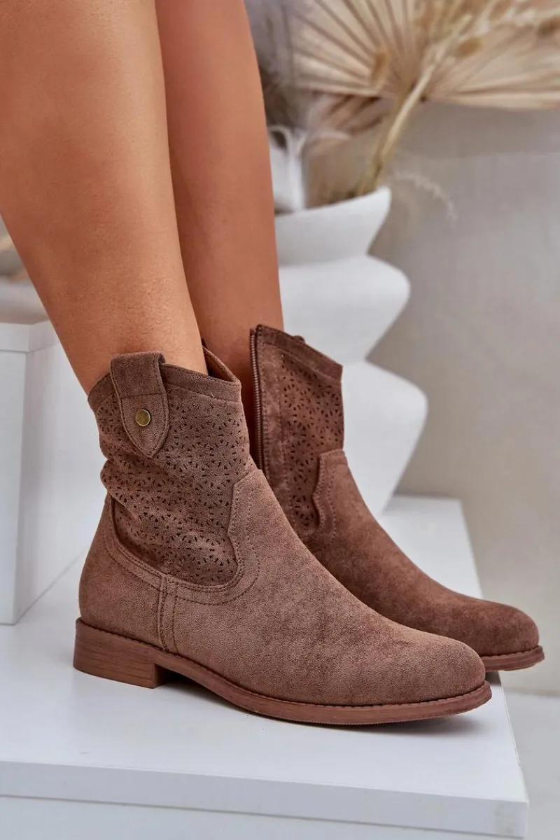 Online Damskie buty S.Barski Ażurowe Botki Na Płaskim Obcasie S.Barski HY51-063 Brązowe